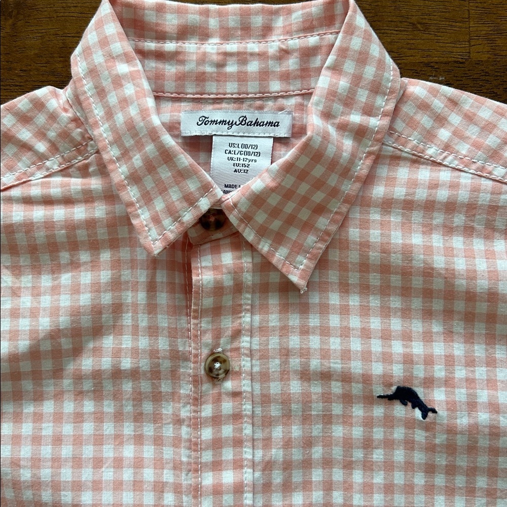 Tommy Bahama boys preppy Easter spring lite pink plaid dress shirt size Large​ - Picture 2 of 7